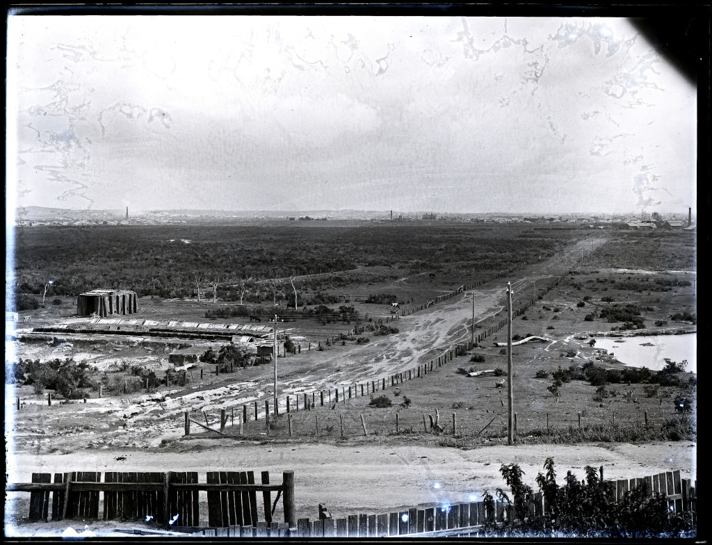 The Newcastle lowlands. 1897. Photo taken from intersection of Beaumont St and Glebe Rd looking north towards Hamilton. University of Newcastle Cultural Collections.