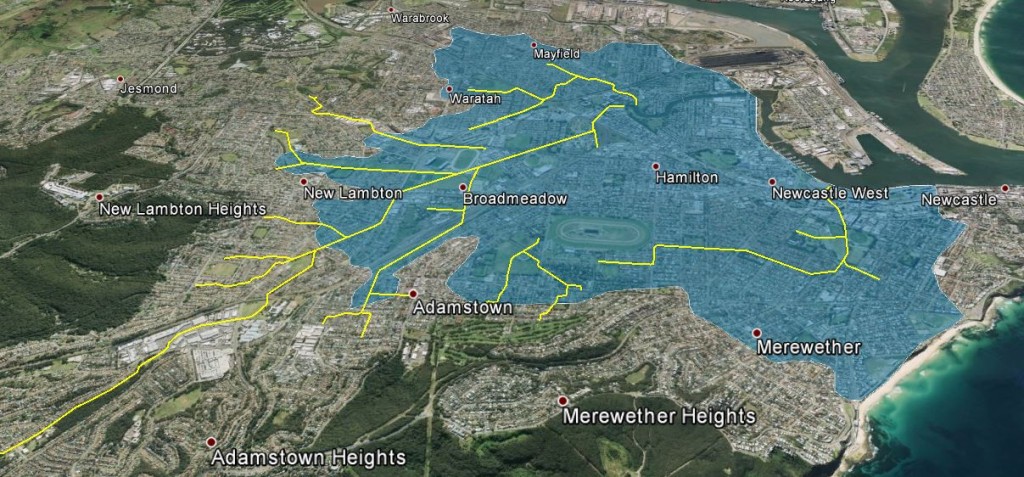 Newcastle concrete drain system. Area shaded blue is 15m or less above sea level.