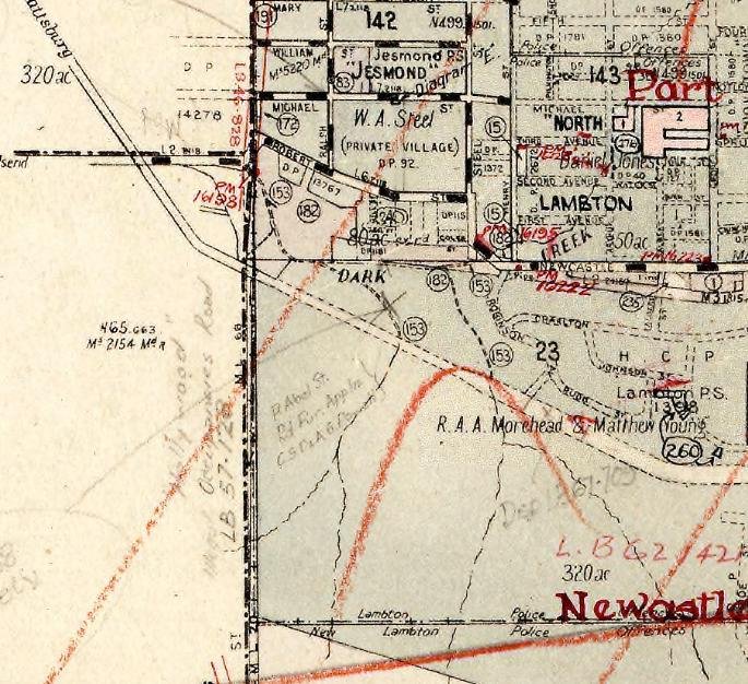 On this 1959 map, someone has marked in pencil on the Lambton/Wallsend boundary "Hollywood illegal occupancies road: