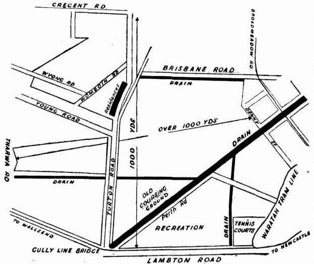 This map from a September 1944 newspaper article on a proposed aerodrome extension, shows no deviation road along, or bridge over the stormwater channel.