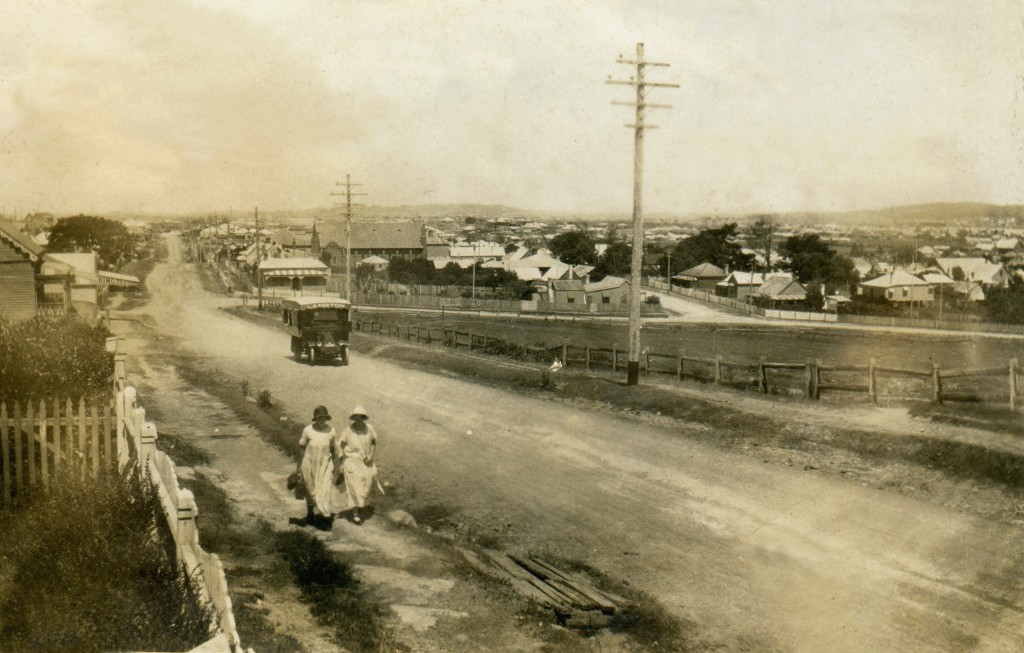 Looking east along Newcastle Road at Lambton circa 1920s. Croudace Street can be seen running off to the south in the mid-ground. Image provided by Grant Morgan and used with permission.