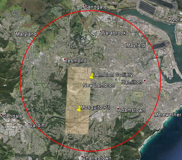 Image overlay is the 1,840 acre lease of the Scottish Australian Mining Company. The red circle is three miles distant from the main working shaft.