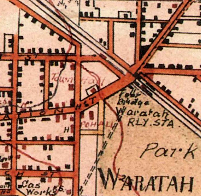 1910 map showing the location of the second Waratah Town Hall.